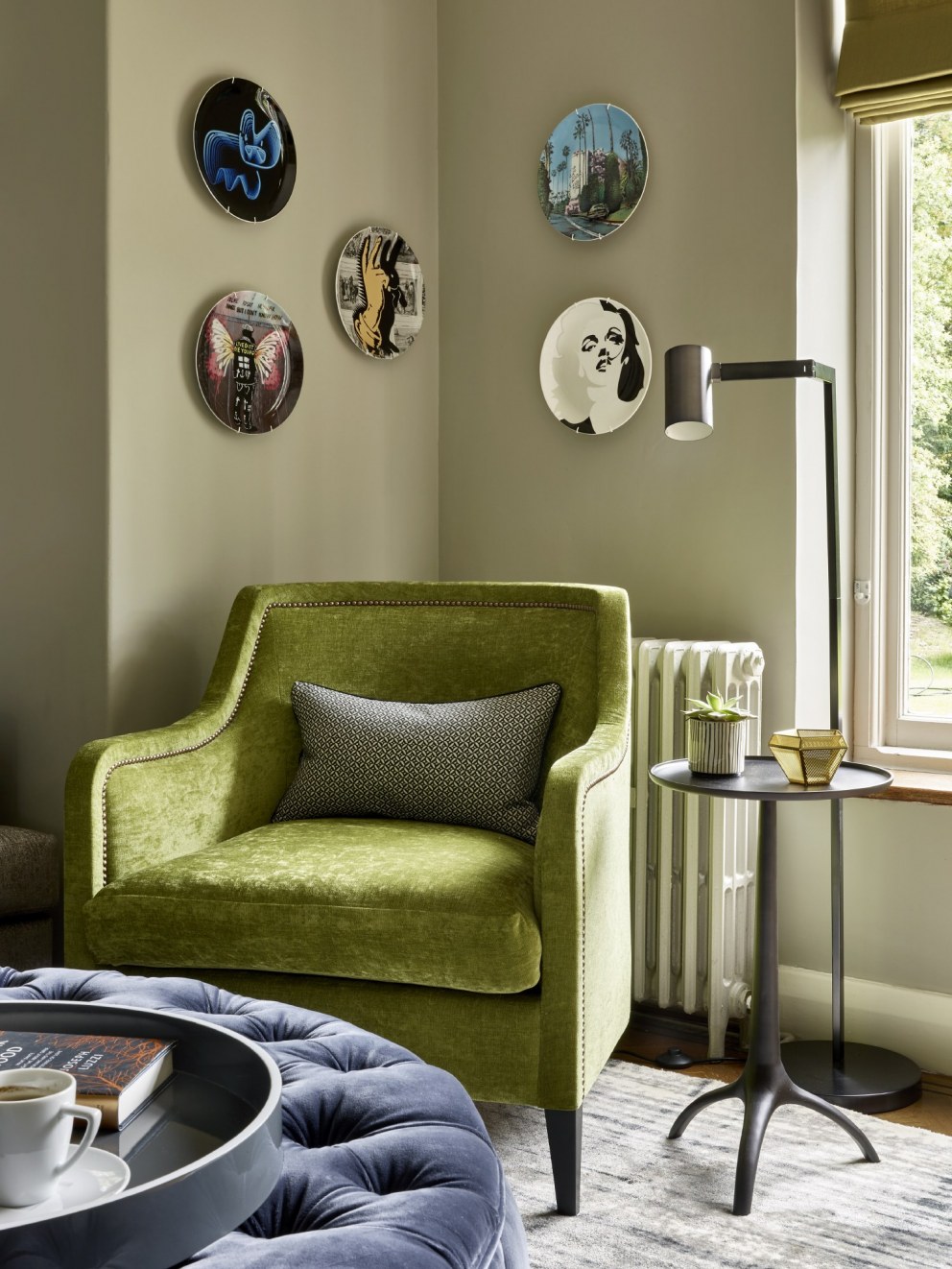 Family Fun Meets Moody Members Club | Armchair with floor lamp. | Interior Designers